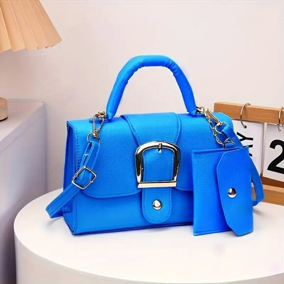 Handbags - Trendy Blue Retro Style Buckle Small Handbag Purse w/Detachable Mini coin wallet